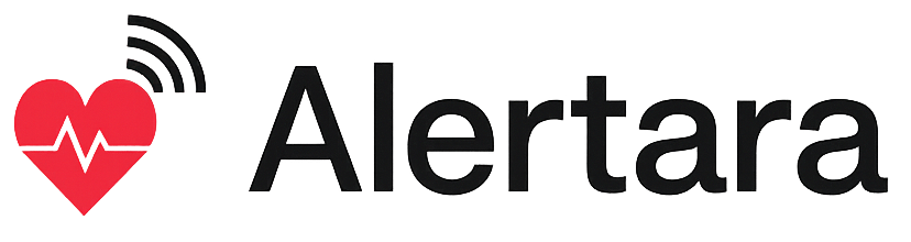 "Alertara logo: red heart with ECG line and wireless signal, representing smart patient room technology"
